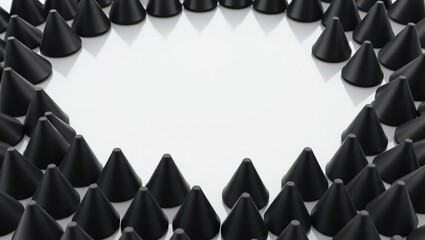 A pattern of black cone shaped objects arranged in a circle on a white surface with a white center