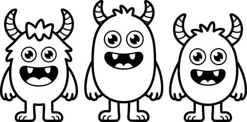 Three Cheerful Cartoon Monsters:  Line Art,  Happy, Childish Design