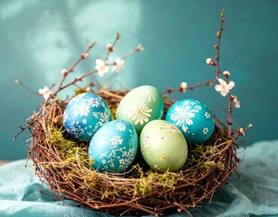 Obraz premium Easter eggs nest spring backdrop