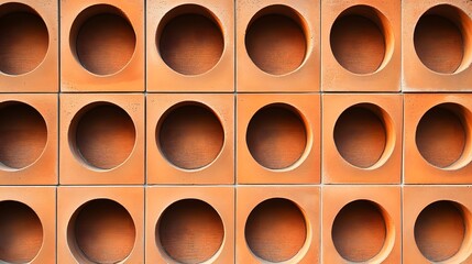 An abstract terracotta wall displays a grid of square tiles each featu a prominent circular opening.