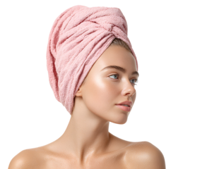 Elegant woman with pink towel wrapped around her head shows freshness and relaxation after bathing ready for skin care and beauty treatments for a radiant complexion lifestyle