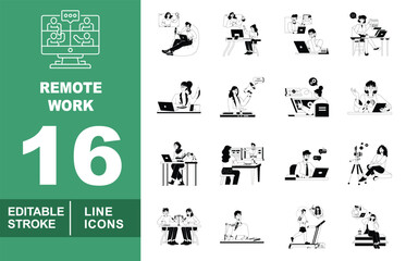 Remote line icon set. Exclusive remote line icon collection. Containing meeting, relax, working, studying, freelance, teaching, online, coding, training, calling. Editable stroke