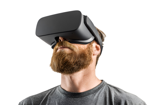 Bearded man immersed in virtual reality experience exploring digital frontiers wearing vr headset exploring innovative tech and gaming simulated augmented world future trends