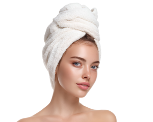 Radiant woman with towel wrapped on head showing soft skin after skincare routine embodying beauty treatment freshness and wellness concept ready for relaxing spa day