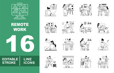 RemoteWork line icon set. Exclusive RemoteWork line icon collection. Containing videoconference, woman, chart, collaboration, planning, discussing, learning, designing, working. Editable stroke