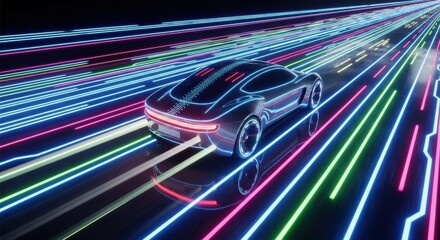 Futuristic Electric Car on Neon Light Highway