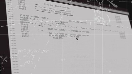 Camera panning monitor revealing SQL code and fading math chemistry overlays emphasizing commit - Powered by Adobe