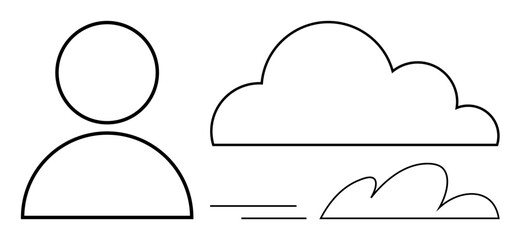Person silhouette with floating clouds and motion lines inspiring freedom, imagination, and simplicity. Ideal for personal development, mindfulness, creativity, innovation, freedom, minimalism