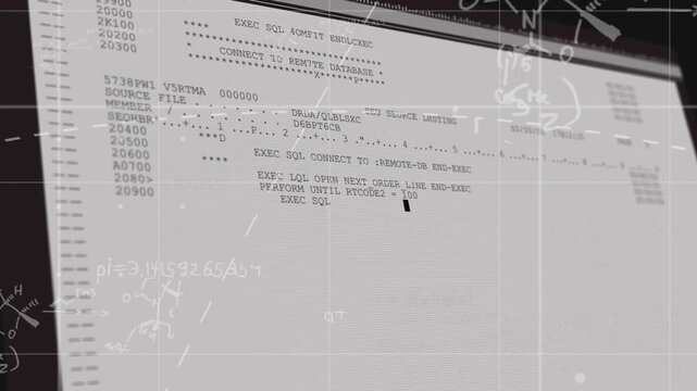 Camera panning monitor revealing SQL code and fading math chemistry overlays emphasizing commit