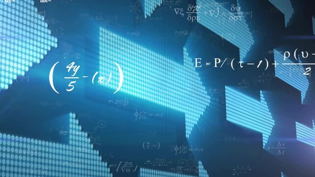 On animation start blue pixel arrow appearing pulsing as formulas fading to represent science UI