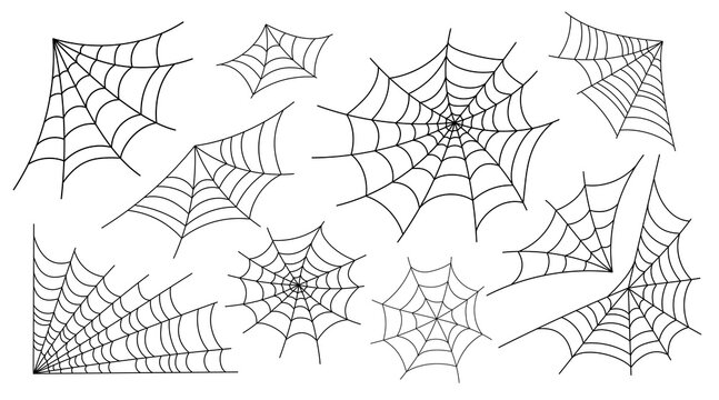 Spider webs vector – detailed web shapes in various designs, ideal for Halloween invitations, gothic decor, horror themes, and spooky crafts.