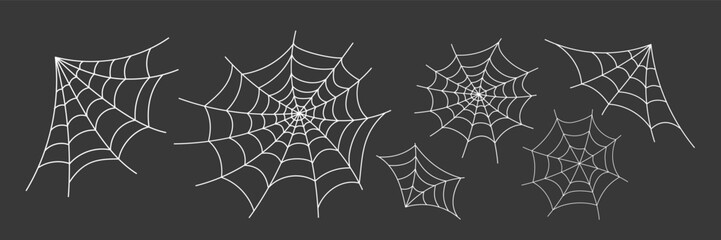 Intricate white spider webs – creepy vector set on dark backdrop, perfect for Halloween themes, horror graphics, and gothic-style seasonal designs.