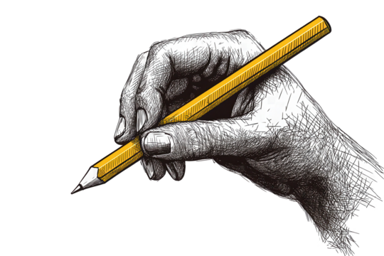 Trendy hand holding a yellow pencil ready to sketch ideas with a focus on creativity and artistic expression