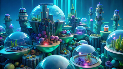 3D Illustration of Futuristic Underwater City with Neon Lights