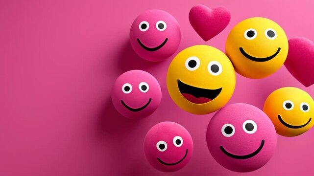 Colorful collection of cheerful smiley faces and hearts floating against a vibrant pink background, showcasing a joyful and playful atmosphere in a continuous motion sequence of happiness