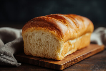 Sliced bread on a dark wooden board with a knife and cloth, ideal for rustic food blogs or bakery menus, or food packaging designs.
