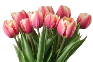 Fototapeta premium Bright pink tulips arranged together showing delicate petals and vibrant green leaves captured in a low resolution close-up