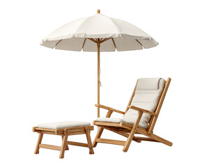 Wooden beach chair with cushion, matching footrest, and large white umbrella create relaxing summer scene, perfect for outdoor leisure and vacation enjoyment