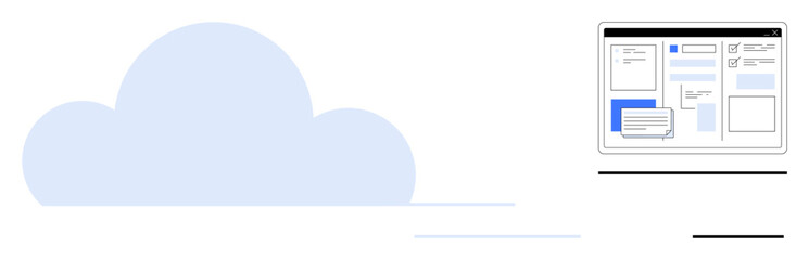 Light blue cloud representing cloud computing beside a browser interface with text, boxes. Ideal for technology, storage, innovation, teamwork, communication, efficiency, digital transformation