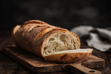 Sliced bread on a dark wooden board with a knife and cloth, ideal for rustic food blogs or bakery menus, or food packaging designs.