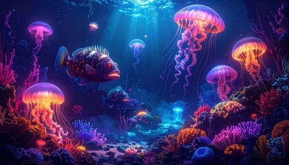 Ethereal deep ocean abyss illuminated by the magical glow of bioluminescent jellyfish and a vibrant fantasy coral reef