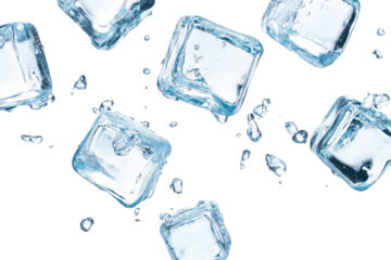 Flying ice cubes create a refreshing visual on a white background enhancing the sensation of coolness and freshness