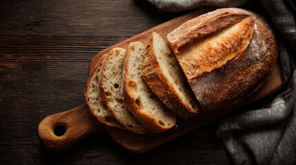 Sliced bread on a dark wooden board with a knife and cloth, ideal for rustic food blogs or bakery menus, or food packaging designs.