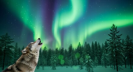 Obraz premium Solitary wolf howling underneath the celestial northern lights display