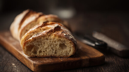 Sliced bread on a dark wooden board with a knife and cloth, ideal for rustic food blogs or bakery menus, or food packaging designs.
