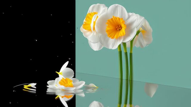 Daffodil flowers in a modern arrangement, showcasing gradual petal fall and reflection on a sleek surface, creating a serene atmosphere with contrasting colors and textures in a continuous motion sequ