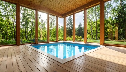 Indoor pool with wooden deck and forest view