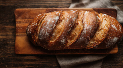 Sliced bread on a dark wooden board with a knife and cloth, ideal for rustic food blogs or bakery menus, or food packaging designs.