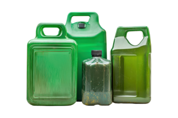 Motor oil canisters positioned on white background showcasing various shapes and sizes ideal for automotive and industrial use