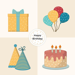 Cute Boys Birthday Celebration Cake, Gift, Balloons, and Hats in Blue and Yellow Colors
