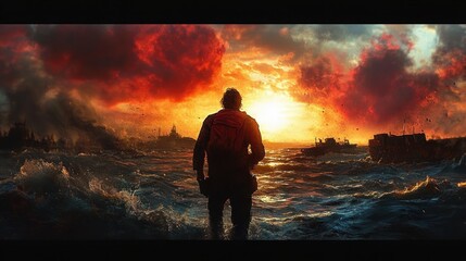 Obraz premium Silhouette of a person standing in turbulent ocean waters facing a fiery sunset sky with dramatic red clouds and distant shipwrecks