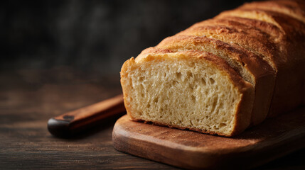 Sliced bread on a dark wooden board with a knife and cloth, ideal for rustic food blogs or bakery menus, or food packaging designs.