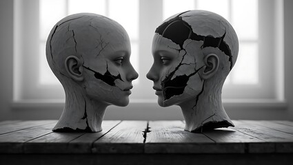 Broken Sculptures:  Monochrome,  Fragile,  Facing,  Desolate Mood