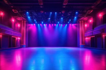 Empty large stage with polished floor illuminated by vibrant pink and blue stage lights in a classic theater interior with balconies