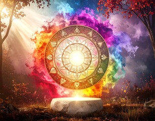 Mystical portal to other realms, set in nature with radiant light and colors