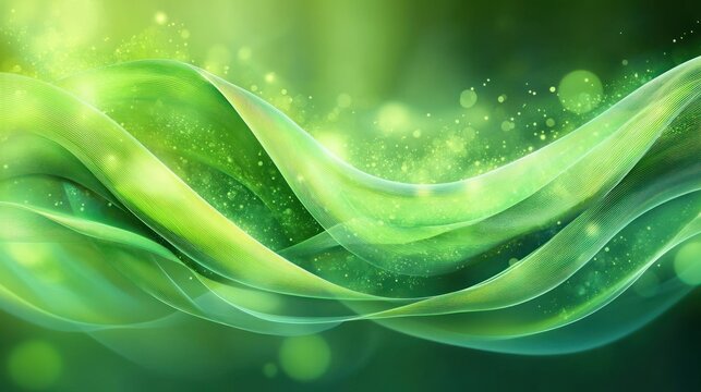 Abstract flowing green and yellow waves with glowing particles on a smooth green background creating a sense of energy and movement - Powered by Adobe