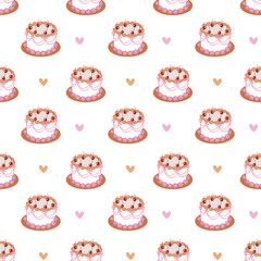 Seamless Cake Pattern with Cherry and Cream Cute Festive Background for Birthday and Wedding Design