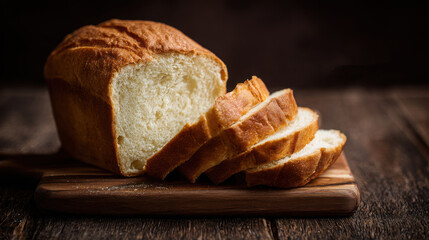 Sliced bread on a dark wooden board with a knife and cloth, ideal for rustic food blogs or bakery menus, or food packaging designs.