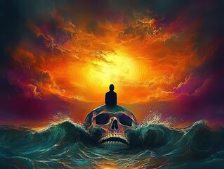 Person sitting atop a giant skull emerging from turbulent ocean waves under a dramatic fiery sunset sky, evoking mystery and contemplation