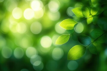 Fototapeta premium Close-up of vibrant green leaves with sunlight filtering through, creating a soft bokeh effect and a peaceful natural atmosphere