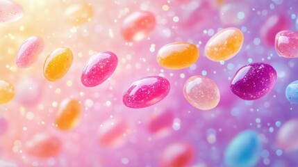 Brightly colored jelly beans floating in a soft glowing background with pink, purple, yellow, orange, and blue hues creating a cheerful and whimsical atmosphere