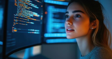 Young woman looking thoughtfully at computer screens displaying colorful lines of code in a dimly lit tech workspace