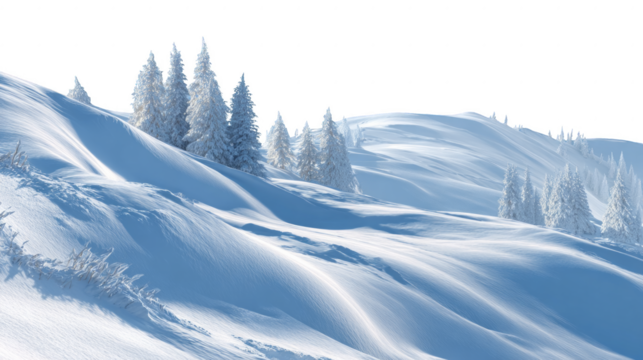 A snowy hillside with trees and a white background