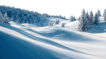 A snowy hillside with trees and a white background