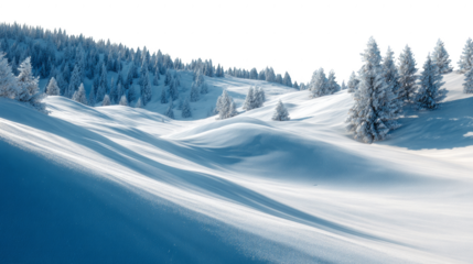 A snowy hillside with trees and a white background