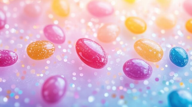 Close-up of colorful glossy jelly beans scattered on a pastel confetti background, bright and cheerful with soft focus and light reflections